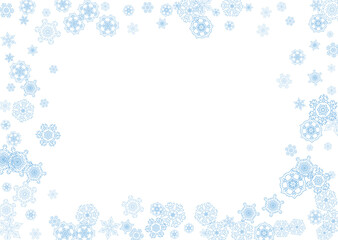 Winter frame with blue snowflakes for Christmas and New Year celebration. Horizontal winter frame on white background  for banners, gift coupons, vouchers, ads, party events. Falling frosty snow.