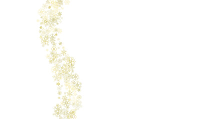 Glitter snowflakes frame on white horizontal background. Shiny Christmas and New Year frame for gift certificate, ads, banners, flyers. Falling snow with golden glitter snowflakes for party invite
