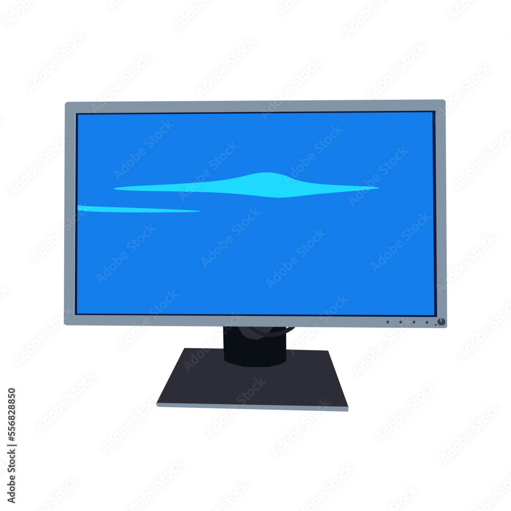 Poster vector illustration, modern lcd computer monitor, lit with blue desktop display and anamorphic lens 