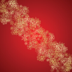 Christmas snowflakes on red background. Glitter frame for seasonal winter banners, gift coupon, voucher, ads, party event. Santa Claus colors with golden Christmas snowflakes. Falling snow for holiday