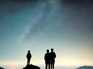 Fototapeta premium Silhouette of young couple hiker were standing at the top of the mountain looking at the stars