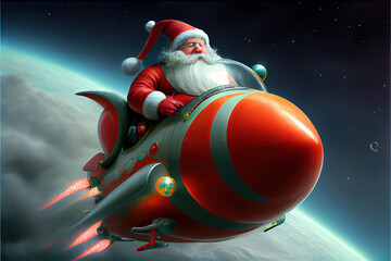 santa on a rocket delivering presents for christmas holiday, in space. digital image,generative ai