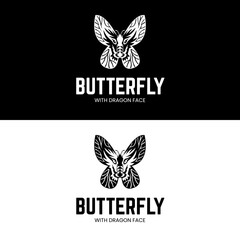 Butterfly with Dragon face on its wings for unique simple flat abstract logo design character