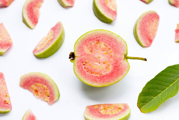 Fresh pink guava on white background.