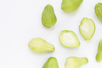 Fresh chayote fruit on white background.