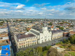 Aerial view of Jackson square, St. Louis cathedral, the Cabildo and the Presbytere in the heart of the French Quarter in New Orleans Louisiana 