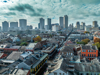 Aerial view of downtown New Orleans, Mississippi river and the French Quarter in Louisiana