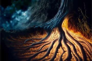 psychic wave pattern emanating from a tree root system, DIGITAL DRAWING, REALISTIC (AI Generated) - obrazy, fototapety, plakaty