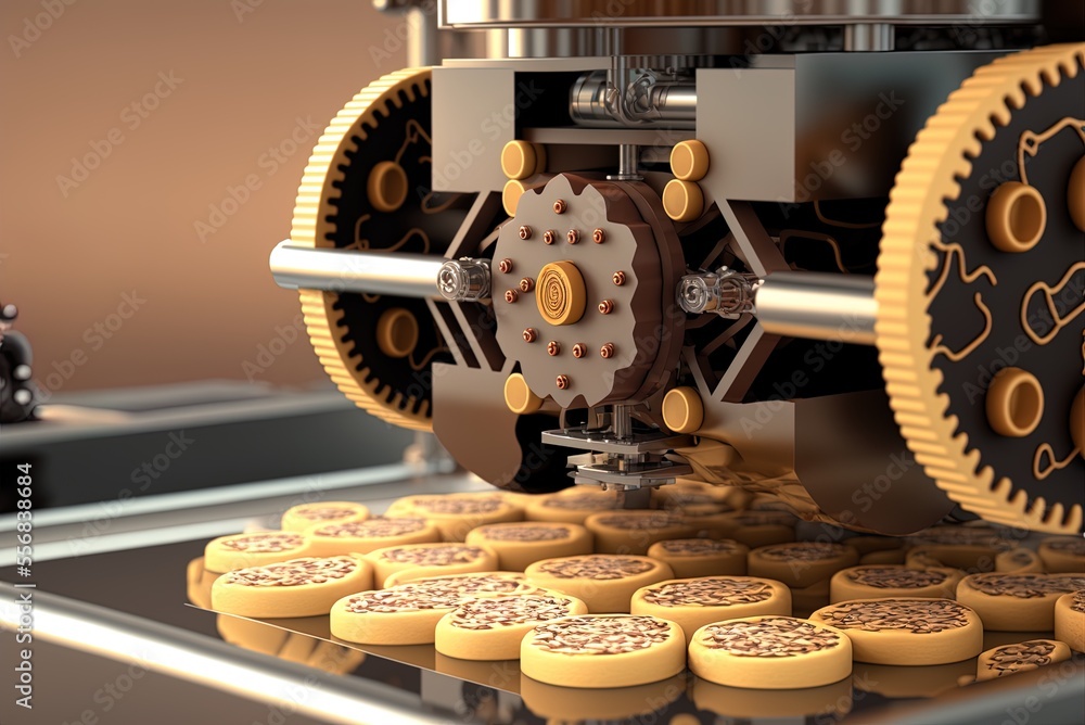 Poster machine used in factories to make cookies and candies, up close generative ai