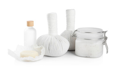 Beautiful composition with different spa products on white background