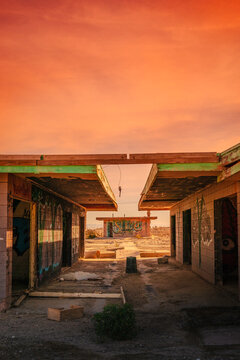 Salton Sea Area Landscape Series, Sunset Over The Ruins Of Old Buildings Along Beach, In Southern California, USA