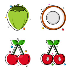 a set of line art slice of coconut and cherry fruit flat design. vector illustration
