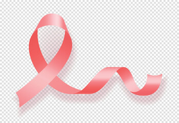 Realistic pink ribbon. Graphic element for website, symbol of awareness and international holiday, fight against breast cancer on copy space. Vector illustration isolated on transparent background