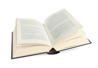 Obraz premium Open black hardcover book isolated on white