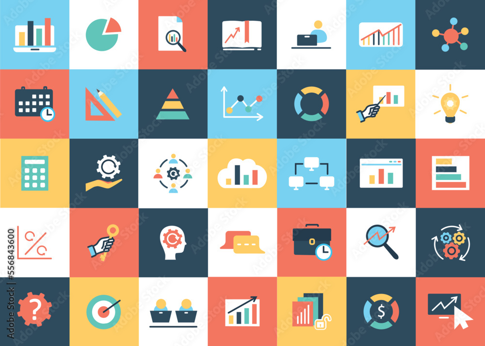 Poster analytics icons set. collection of graphic elements for website. working with information and infogr