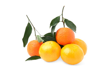 Fresh ripe juicy tangerines with green leaves isolated on white