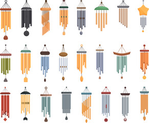 Wind chime icons set cartoon vector. Wood gold. Home music
