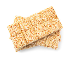 Delicious sesame kozinaki bars on white background, top view