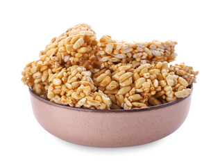 Bowl of puffed rice bars (kozinaki) on white background