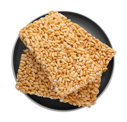 Plate with puffed rice bars (kozinaki) on white background, top view