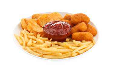 Tasty french fries, chicken nuggets and chips served with ketchup isolated on white