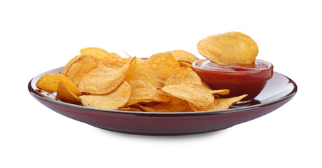Delicious chips with ketchup isolated on white