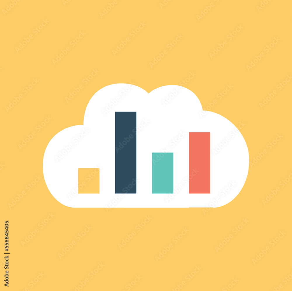 Poster analytics charts icon. graphs and diagrams, multicolored bars in cloud. sticker for social networks.