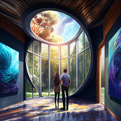 Couple in a futuristic building
