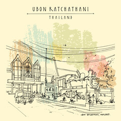Vector Ubon Ratchathani Thailand postcard. Train station and old locomotive. Historical buildings in Ubon Ratchathani province in Northeastern Thailand (Isan). Travel sketch. Hand drawn vintage poster