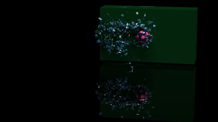 Blue-red soccer ball breaking with great force through green-blue illuminated wall under spot light background. 3D high quality rendering. 3D illustration. 3D CG.