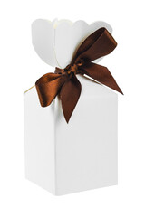 A White gift box tied with a brown ribbon bow. Isolated on white with clipping path.