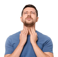 Man suffering from sore throat on white background