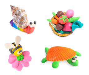 Set with different child's crafts made of plasticine on white background