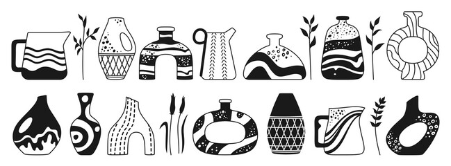 Vase shape and ceramic pot, jug or jar bottles doodle stamp set. Cozy home decor handmade boho engraving pottery form. Abstract various vases stencil, hand drawn vessel. Trendy art concept vector