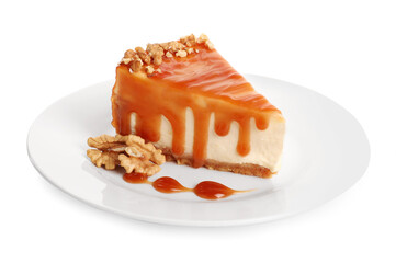 Piece of delicious cake with caramel and walnuts isolated on white