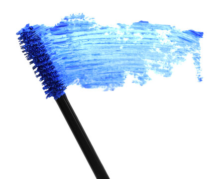 Applicator And Blue Mascara Smear On White Background, Top View