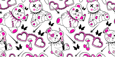 Emo wallpaper with crue teddy bears, ragged, wired spoiled rabbits.Creepy black, pink light background.Funky glamour backdrop.Glam heart shaped handcrafts.Cool 00s, 90s concept of lovesick teen girl
 - obrazy, fototapety, plakaty