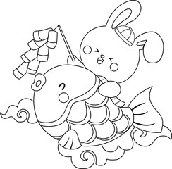 a vector of a rabbit with fish and a firecracker in black and white coloring