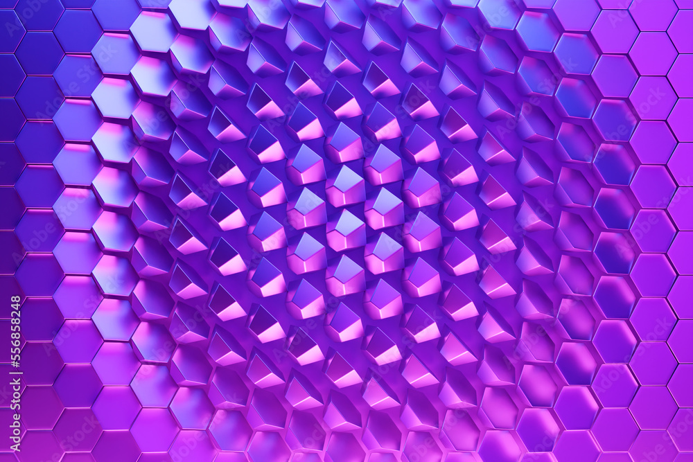 Poster 3d rendering. purple pattern of cylinder under neon lights. minimalistic pattern of simple shapes. b