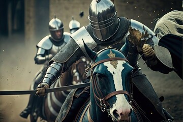 Medieval Armored Knights Battle over their horses, fighting with honor, and for the king, and for god, with brave attitude and courage