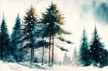 watercolor background drawn landscape of foggy forest Wild nature, frozen, misty, taiga. Created with Generative AI technology.