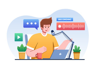Illustration Podcaster recording her voice into microphone.
Making audio podcast from home studio.
Monologue audio podcast or radio concept.
Suitable for web, landing page, project, etc