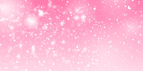 Beautiful bright stars on a pink background. Realistic snowfall effect.