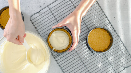 Mini cheesecake recipe. Pouring cheesecake batter into a prepared baking pan, close-up preparation process, view from above - obrazy, fototapety, plakaty