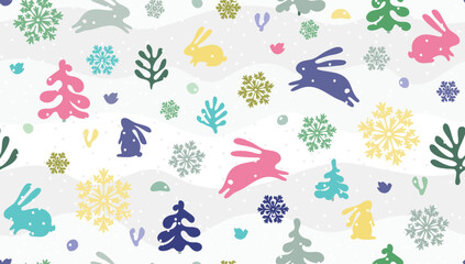 Seamless vector pattern with rabbits, birds, trees and snowflakes on a light background. New Year's day with jumping hares and falling snow. Snowfall and bunny in the forest on a Christmas print
