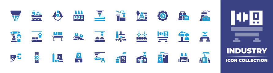 Industry icon collection. Duotone color. Vector illustration. Containing milking, cargo ship, helmet, factory, d printer, pumpjack, oil industry, robot, conveyor, press machine, crane, pipe, and more. - obrazy, fototapety, plakaty