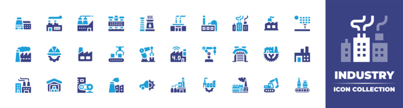 Industry icon collection. Duotone color. Vector illustration. Containing factory, oil platform, power plant, pollution, air pollution, solar panel, engineering, claw, robot, industry, and more.