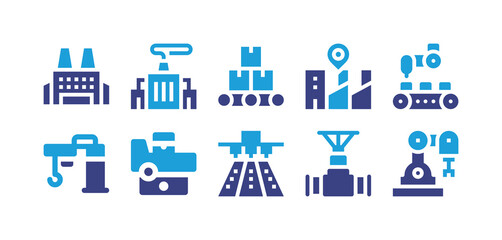 Fototapeta na wymiar Industry icon set. Duotone color. Vector illustration. Containing factory, industry, robot arm, industrial robot, machine, pipeline.