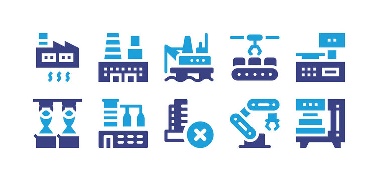 Industry icon set. Duotone color. Vector illustration. Containing industry, oil platform, conveyor, industrial scale, food industry, closed, mechanical arm, press machine.