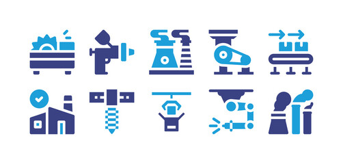Industry icon set. Duotone color. Vector illustration. Containing saw machine, spray gun, power plant, grinding, conveyor belt, factory, drilling machine, packaging, spraying, air pollution.